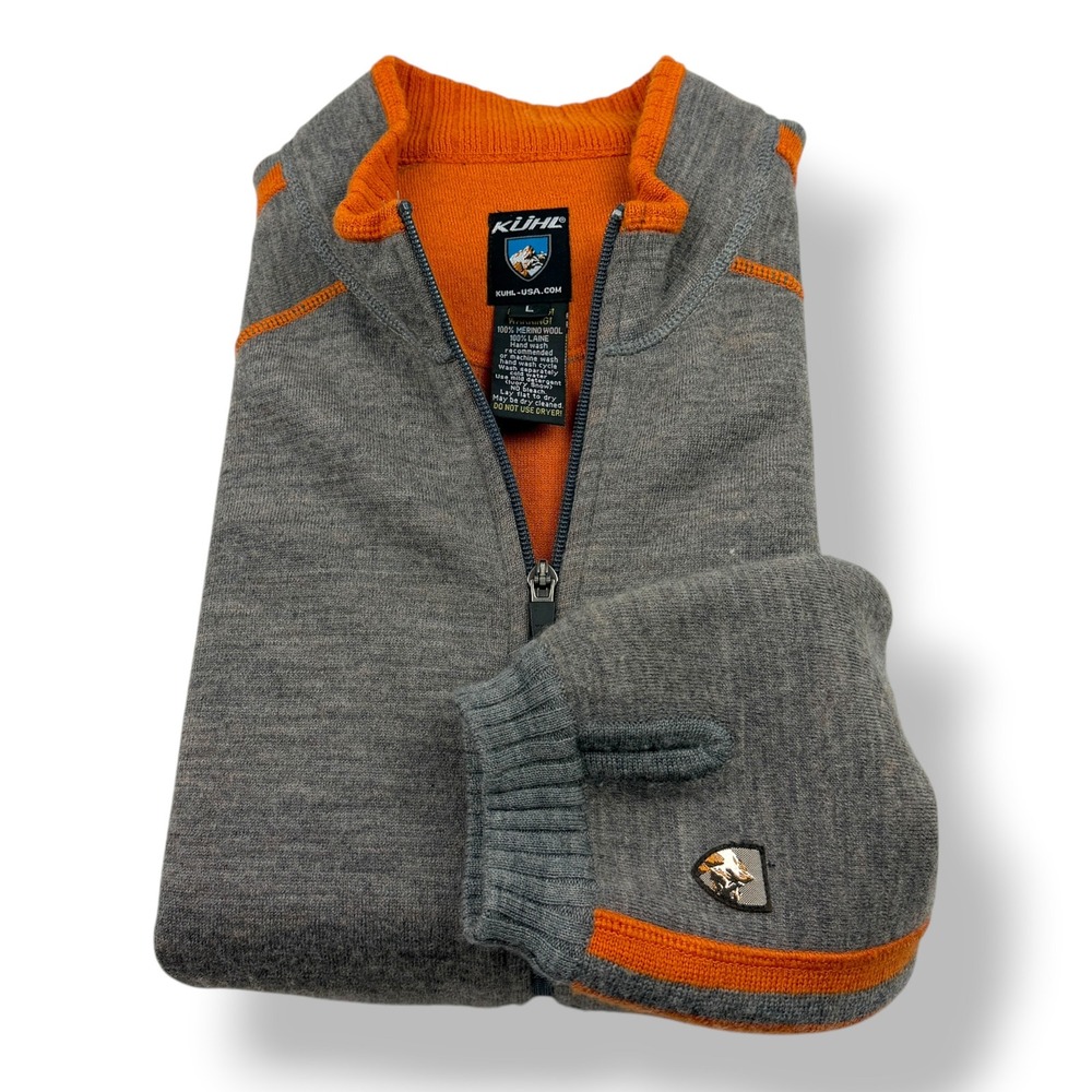 KUHL Mens Gray Merino‎ Wool Full Zip Sweater Orange Stripes Thumbholes Large